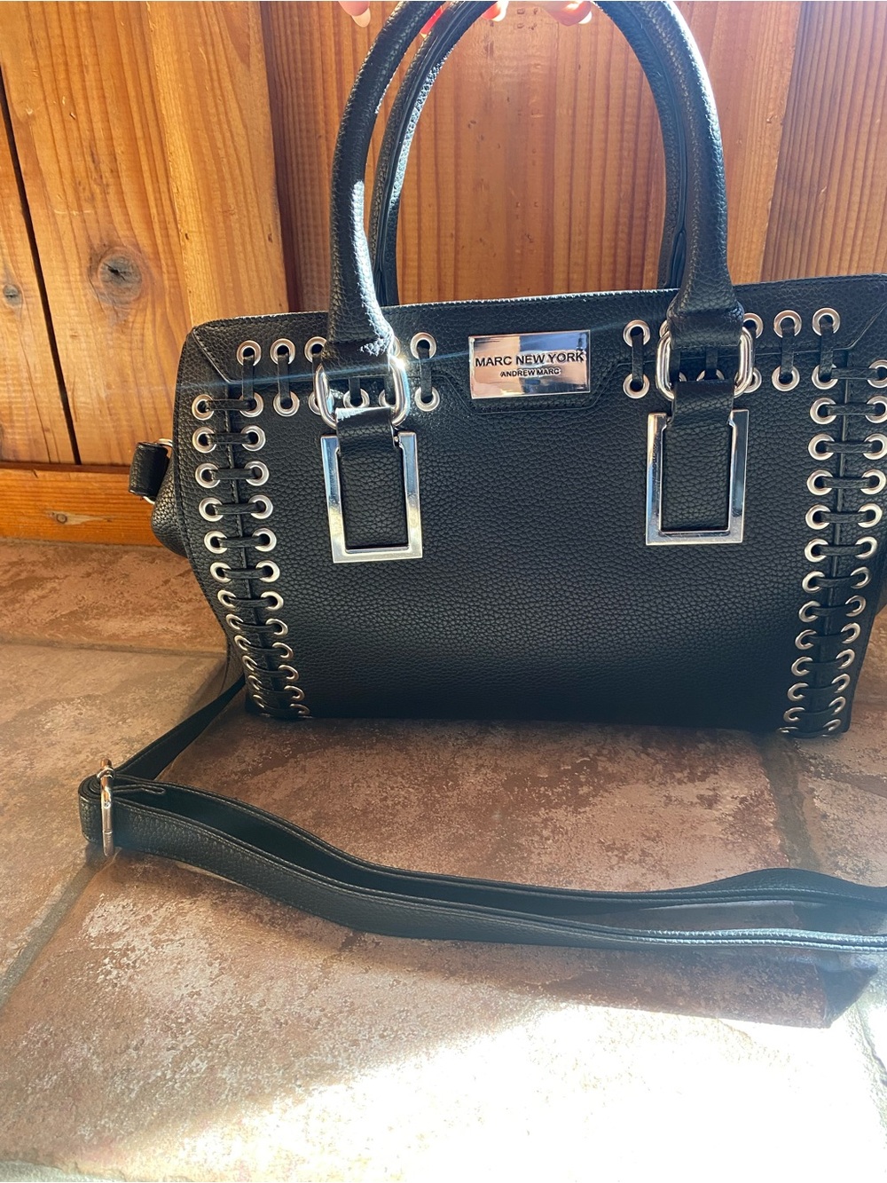 Marc New York Black Pebbled Leather Satchel with Grommet Lacing